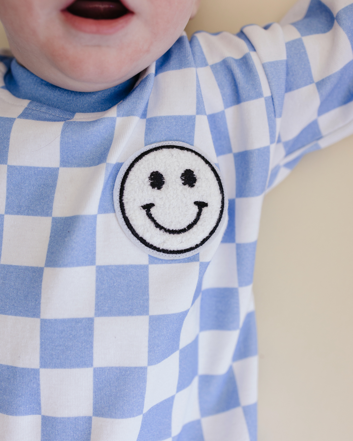 Bubble Romper | Checkered Smiley Blue - HoneyBug