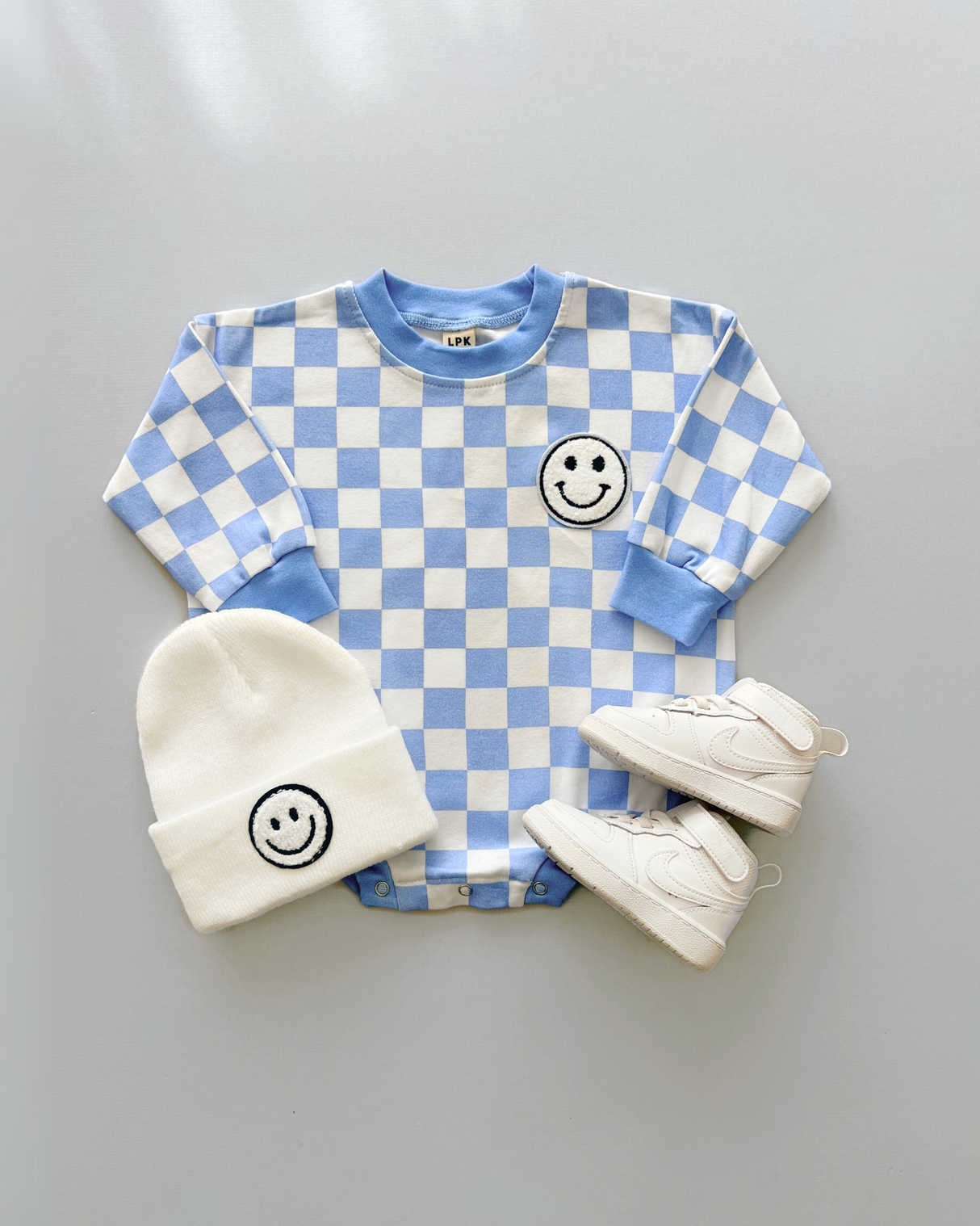Bubble Romper | Checkered Smiley Blue - HoneyBug
