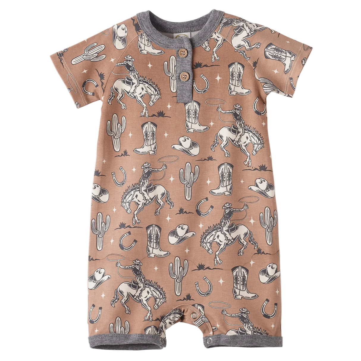 Wild Wrangler/Brown Western Bamboo Shorty Romper for Boys