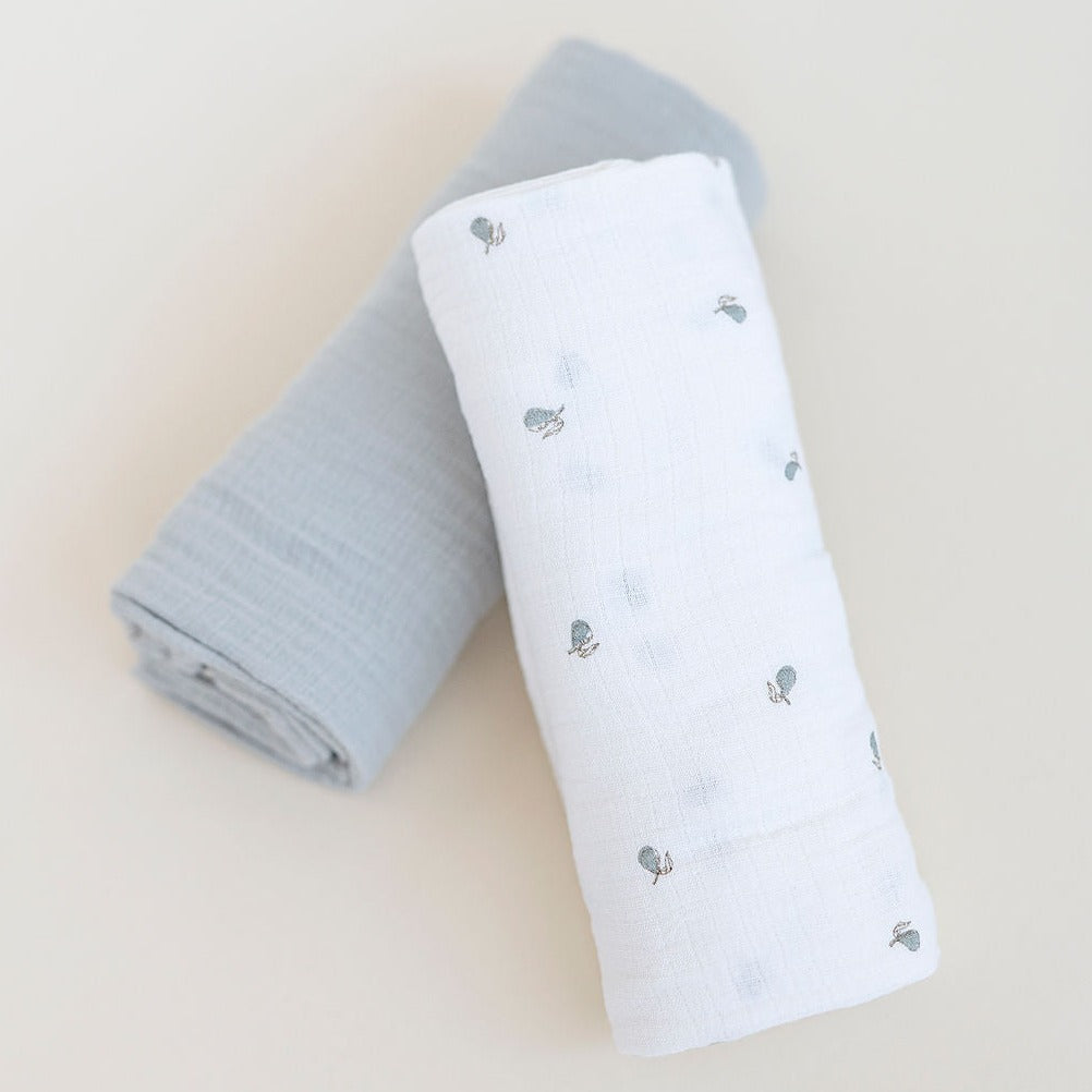 2 Pack Cotton Muslin Swaddle Blanket - Sage Pear & Solid Sage - HoneyBug