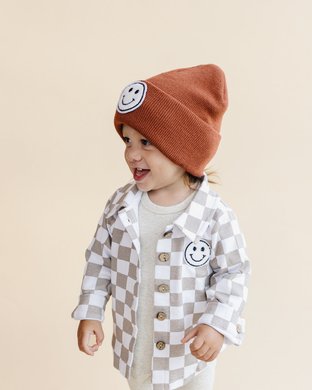 Cotton Shacket | Smiley Checkered Latte - HoneyBug