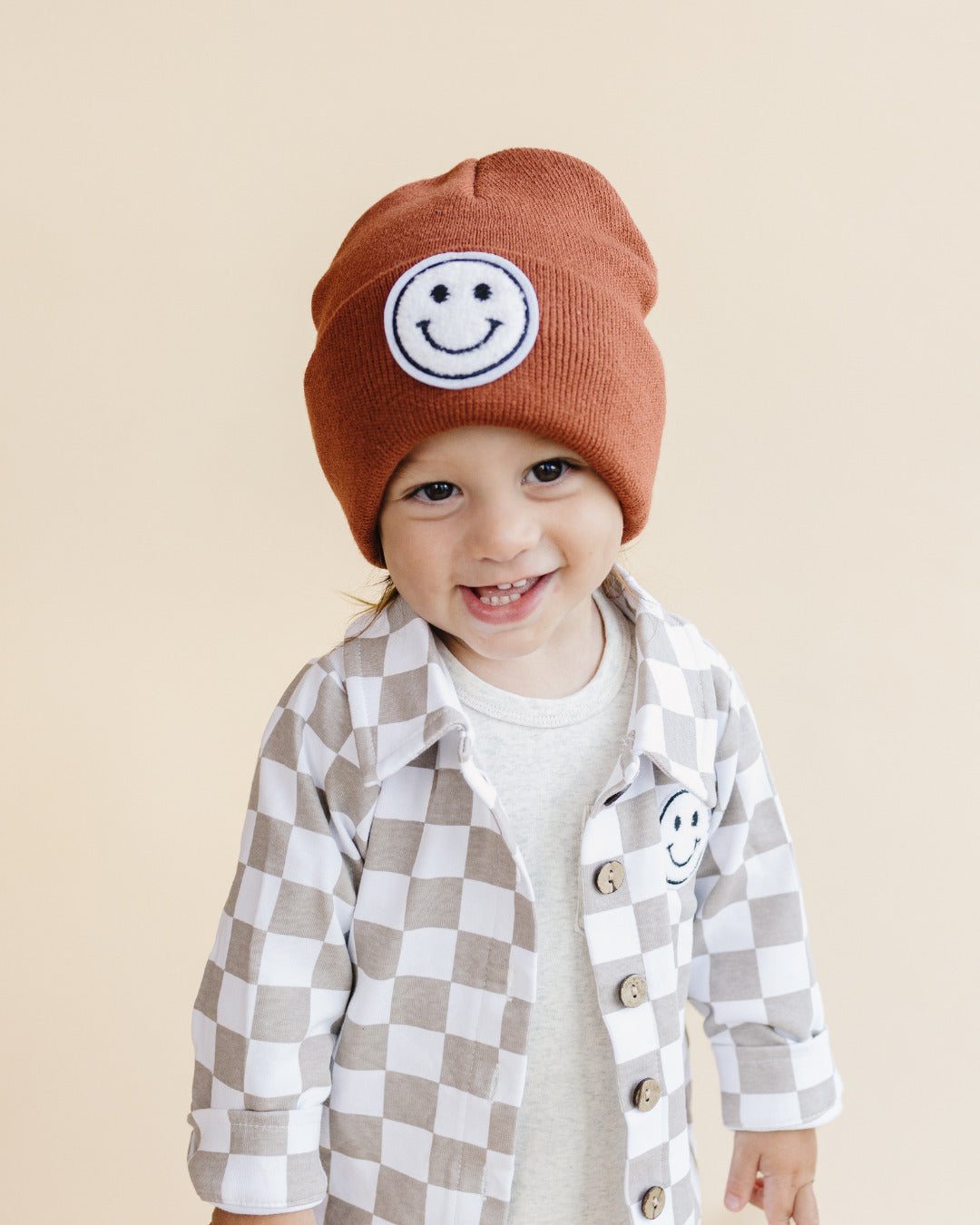Cotton Shacket | Smiley Checkered Latte - HoneyBug