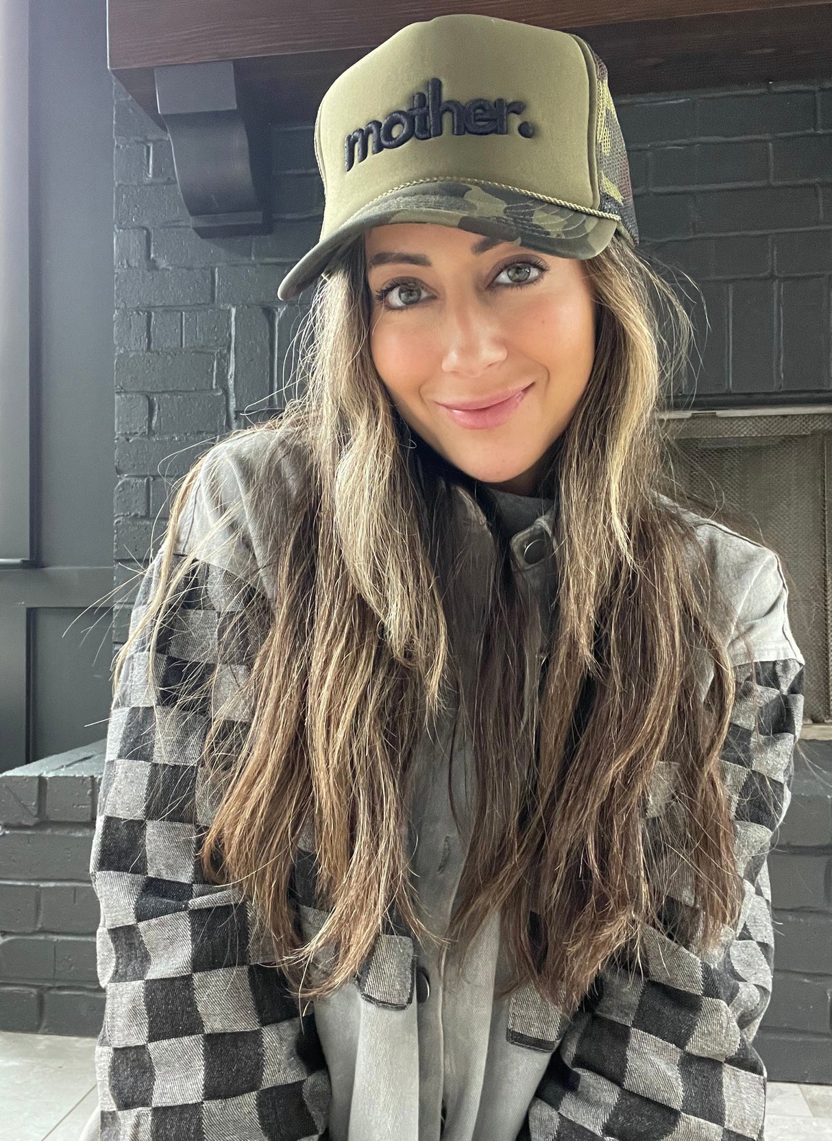 "mother." Embroidered Trucker Hat - Olive + Camo - HoneyBug