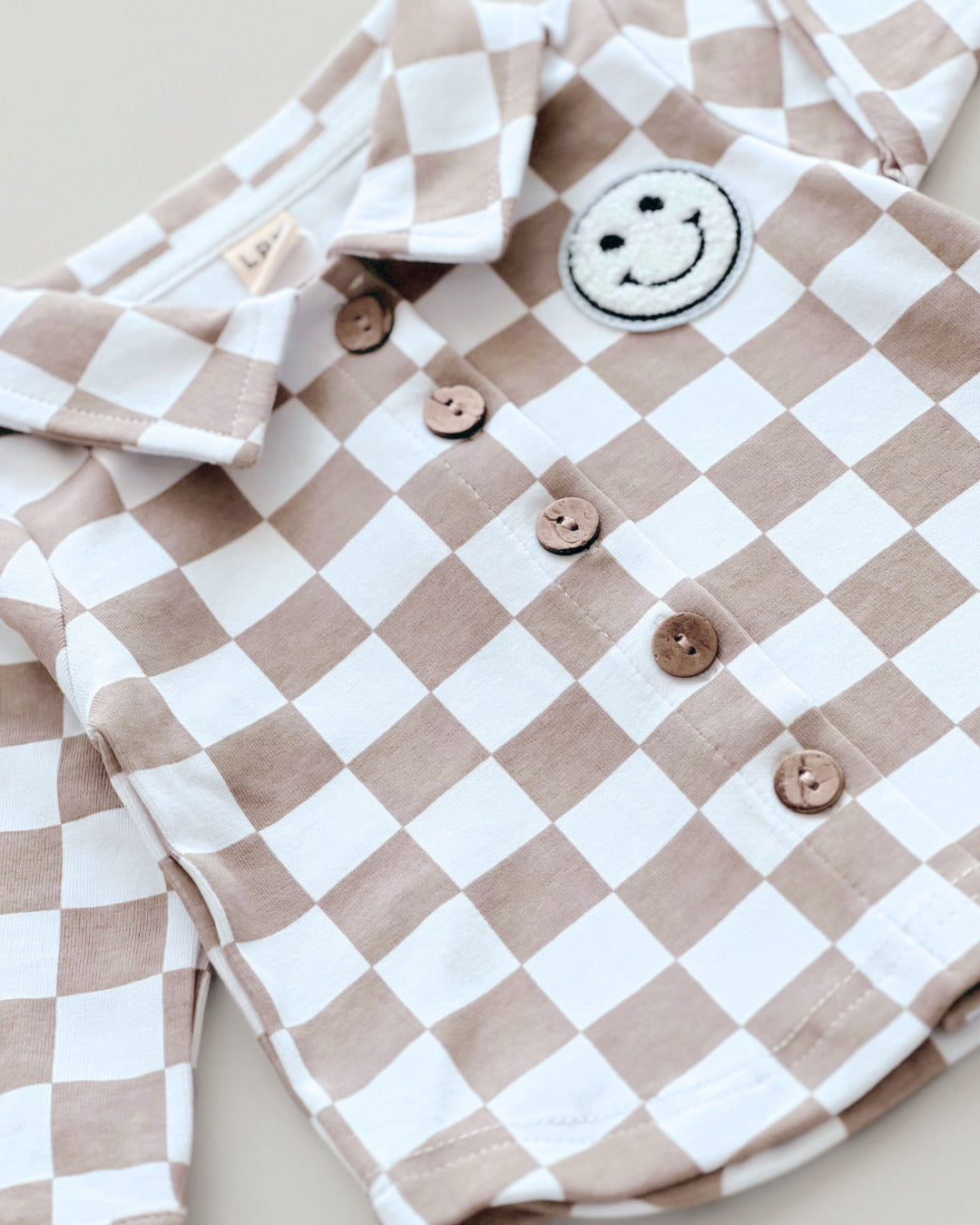 Cotton Shacket | Smiley Checkered Latte - HoneyBug