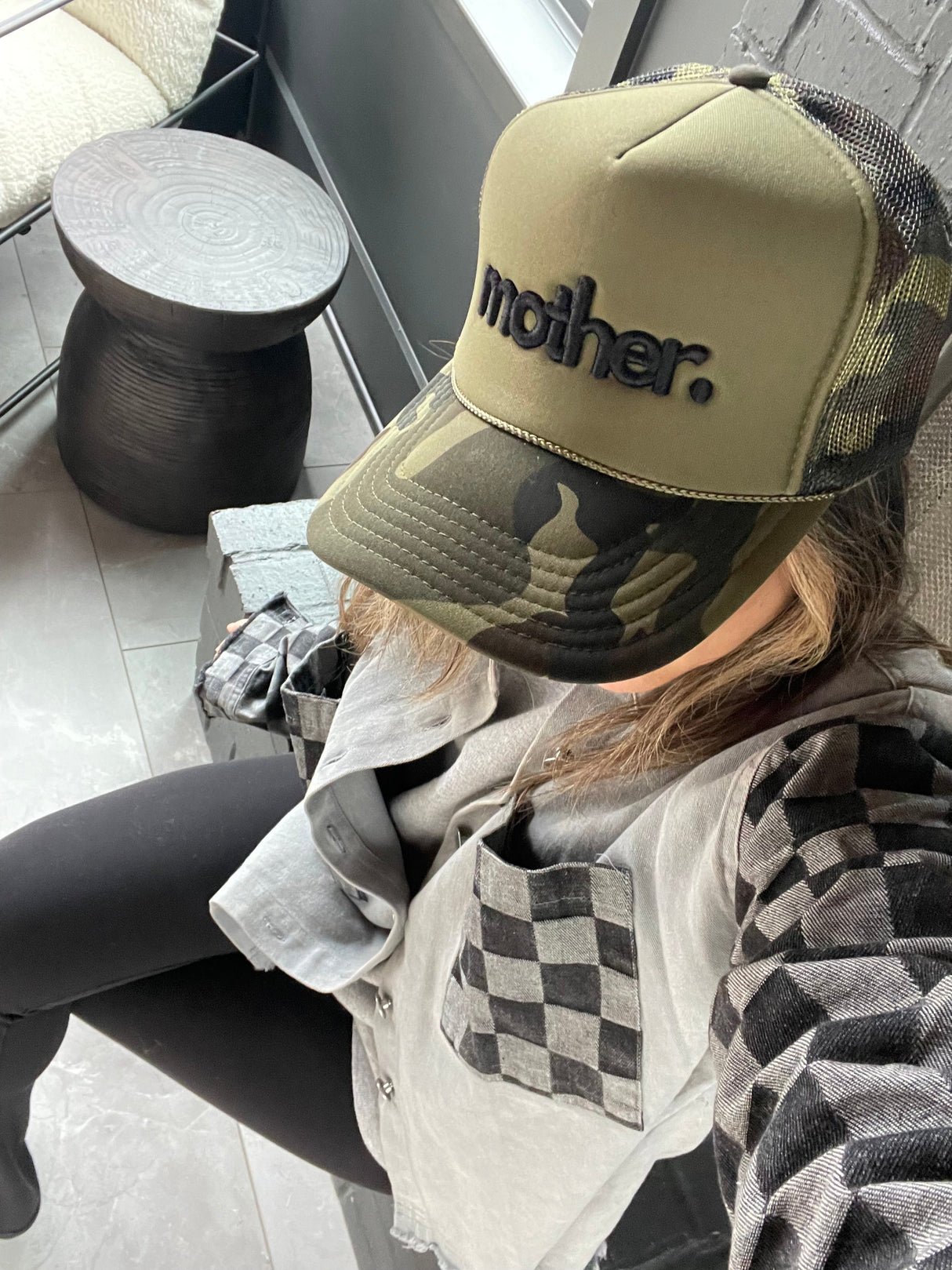 "mother." Embroidered Trucker Hat - Olive + Camo - HoneyBug