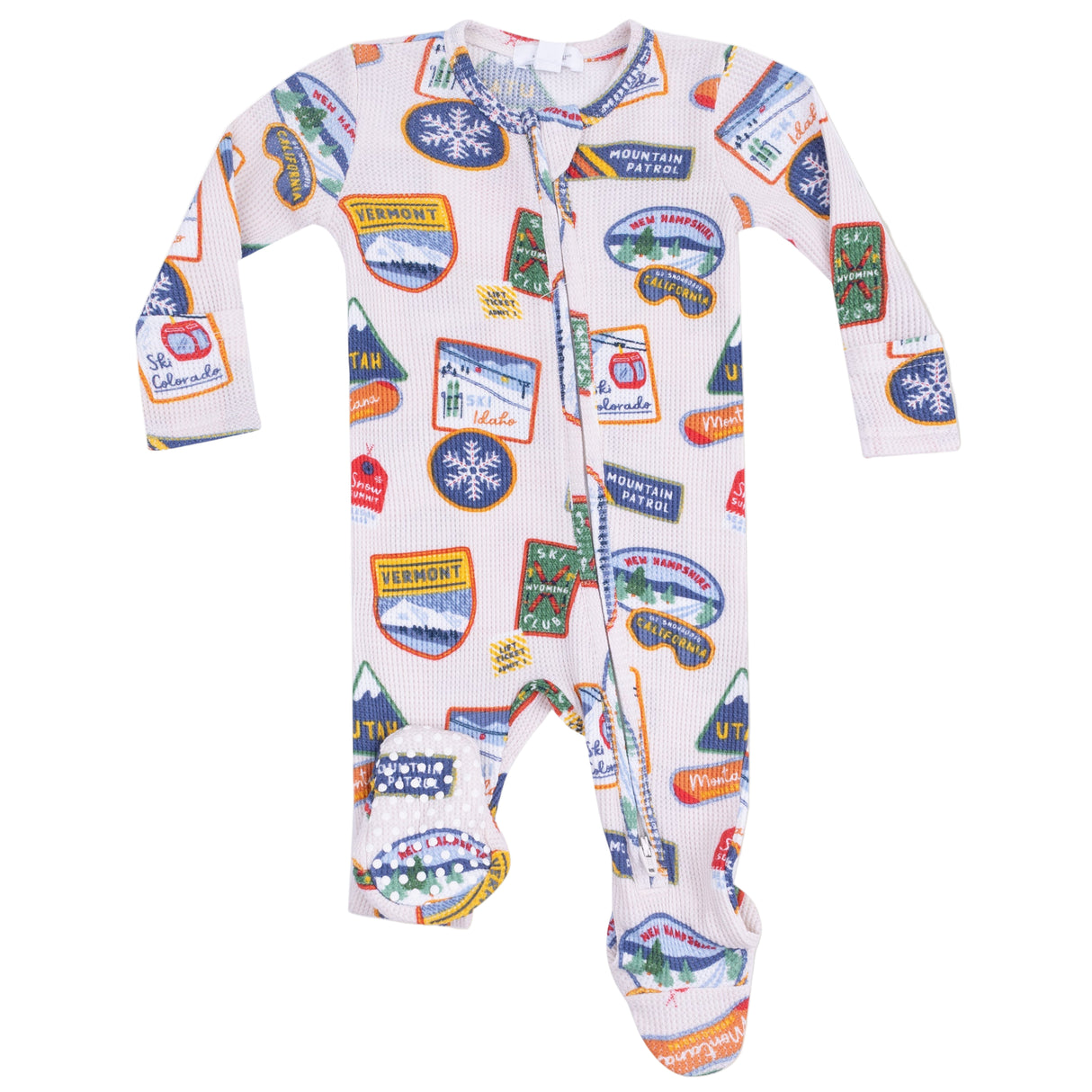 2 Way Zipper Footie - Vintage State Snow Sport Patches - HoneyBug