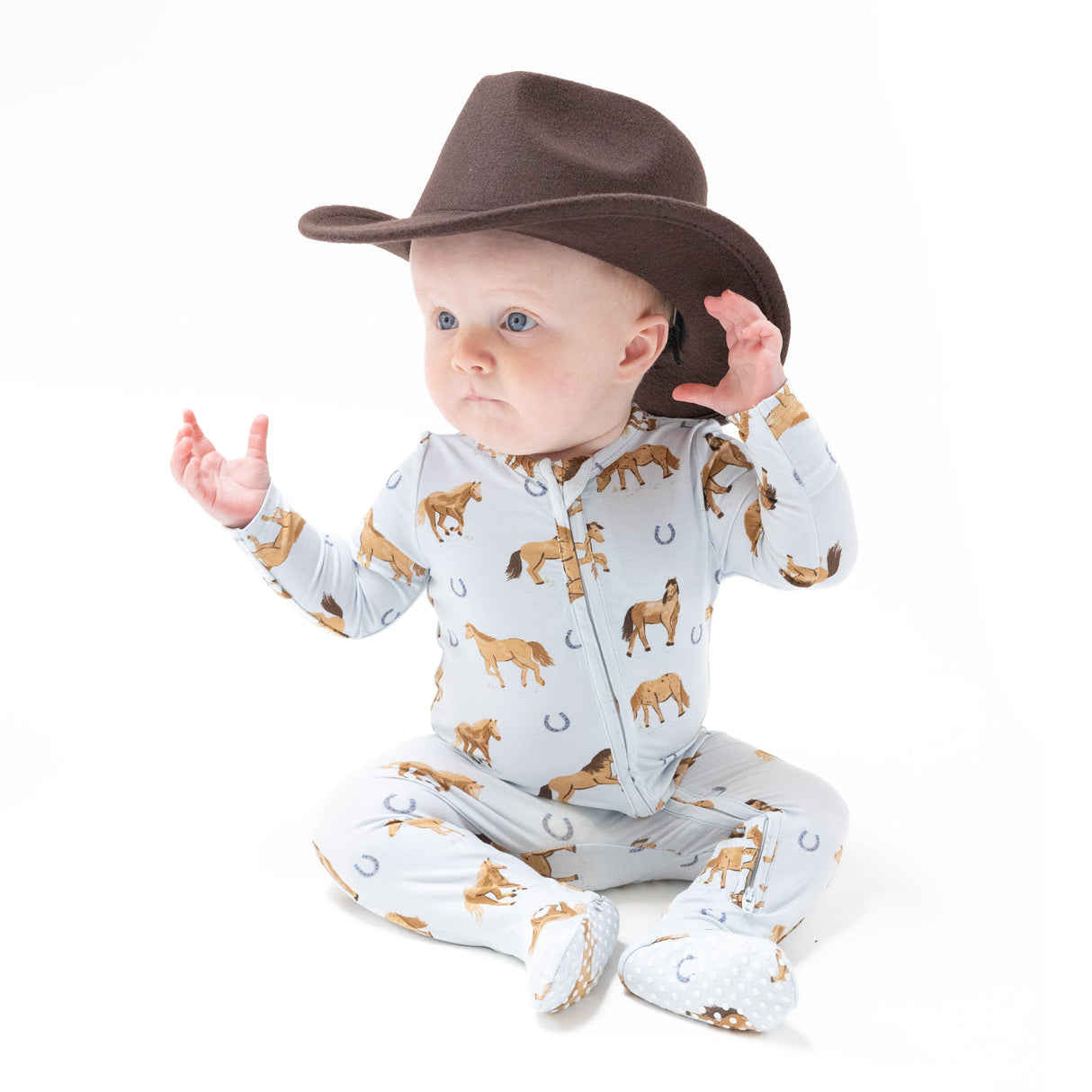 2 Way Zipper Footie - Horses - Blue - HoneyBug