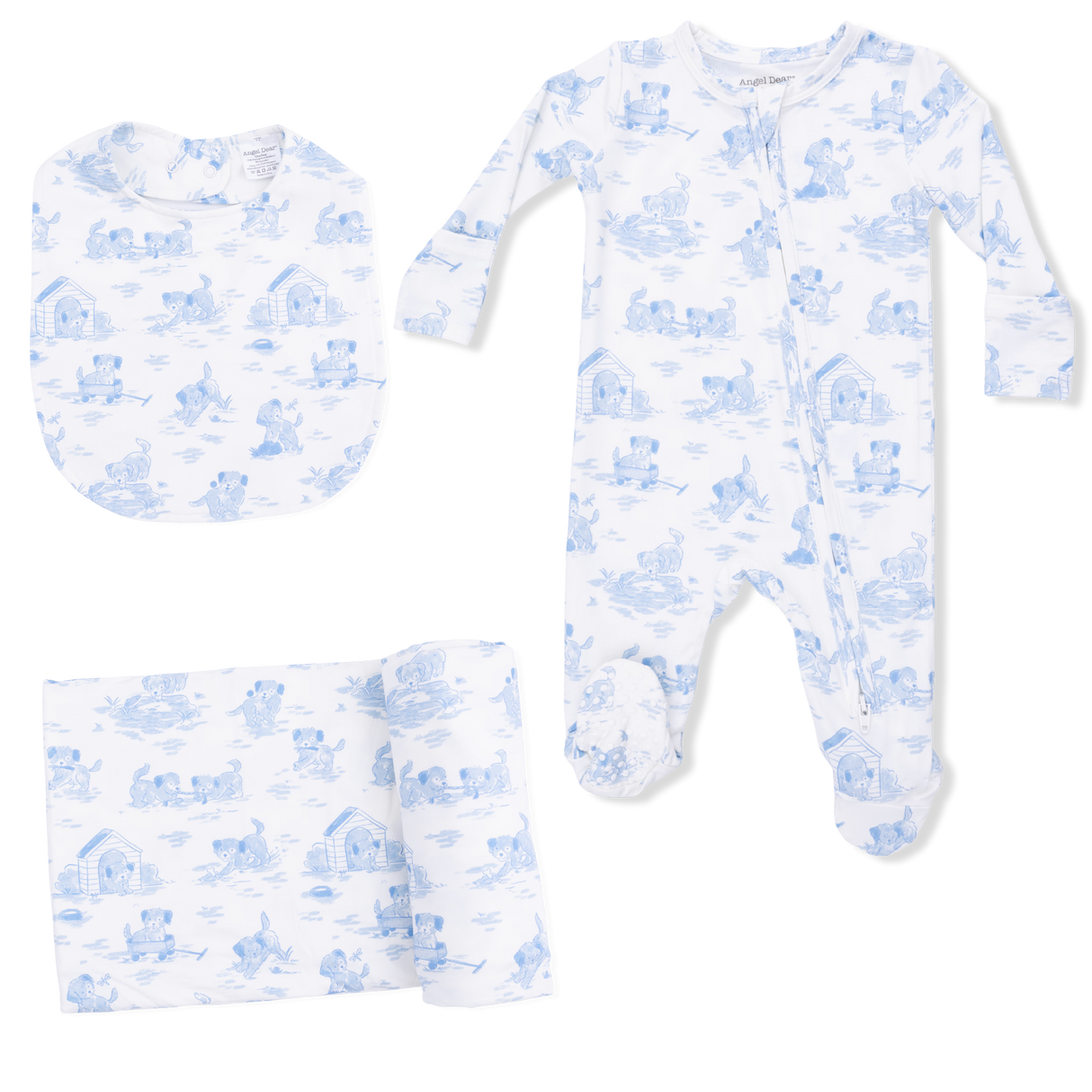 Puppy Toile Blue - 2 Way Zipper Footie, Swaddle & Bandana Bib Set