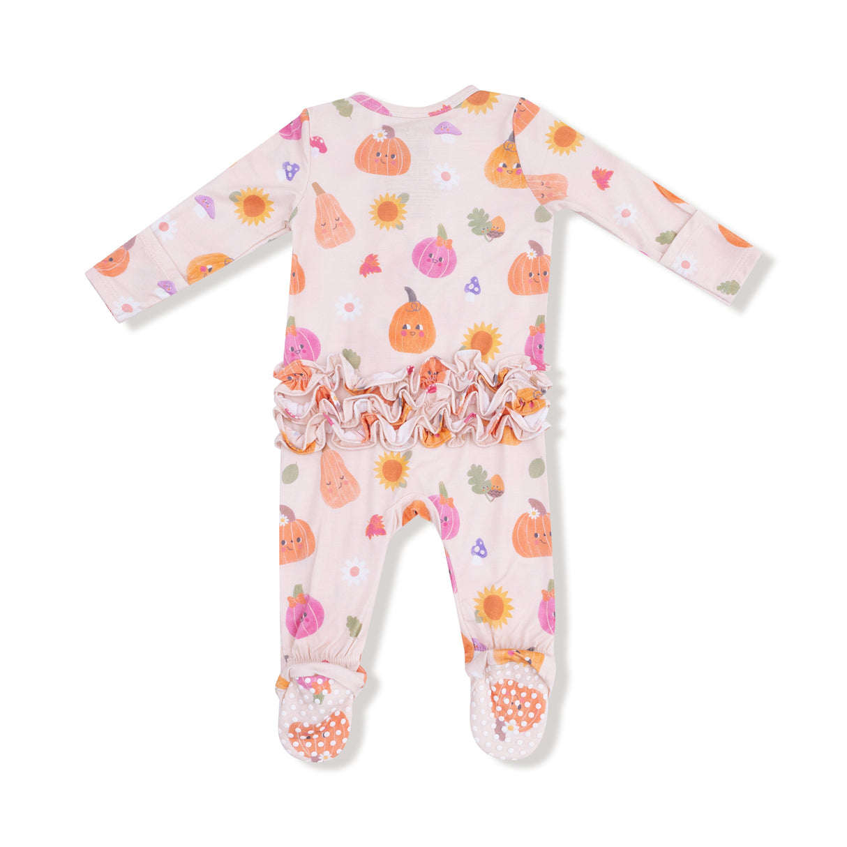 2 Way Zipper Ruffle Back Footie - Autumn Pumpkins - Pink - HoneyBug