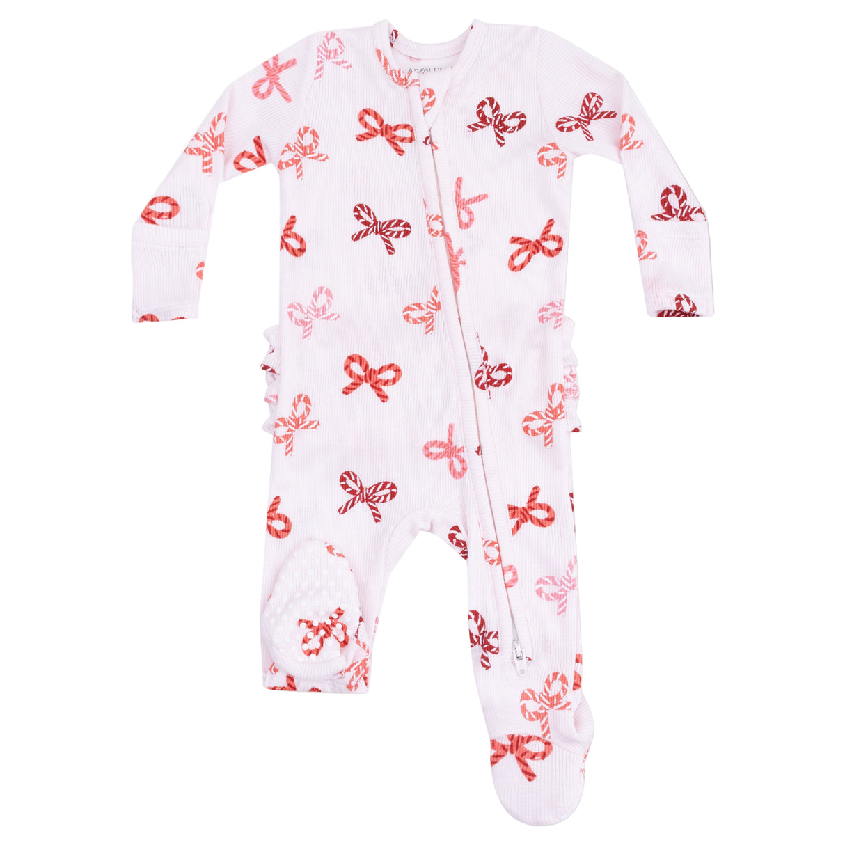 2 Way Zipper Ruffle Back Footie - Candy Cane Bows - HoneyBug