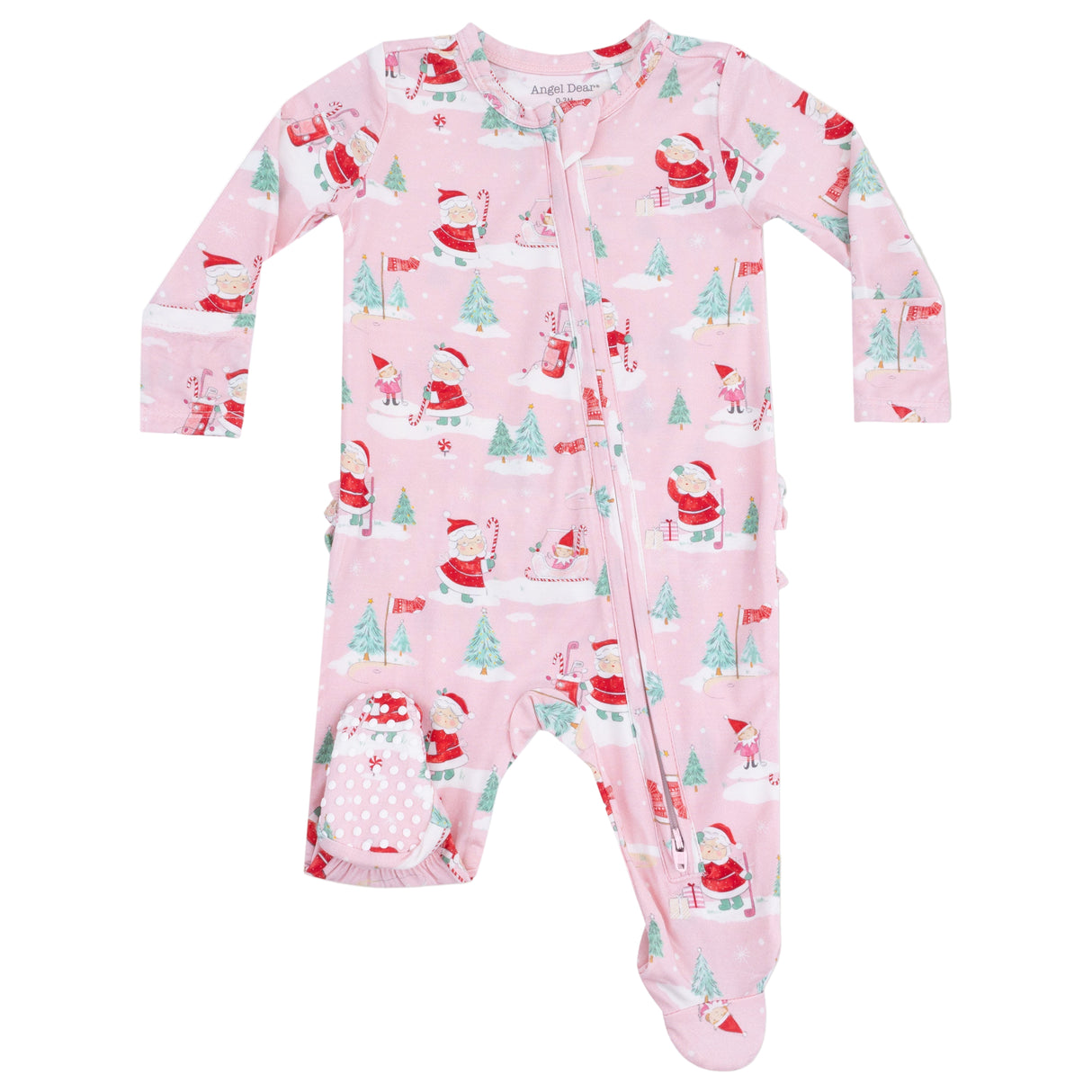 2 Way Zipper Ruffle Back Footie - Golfing Mrs. Claus and Elves - HoneyBug
