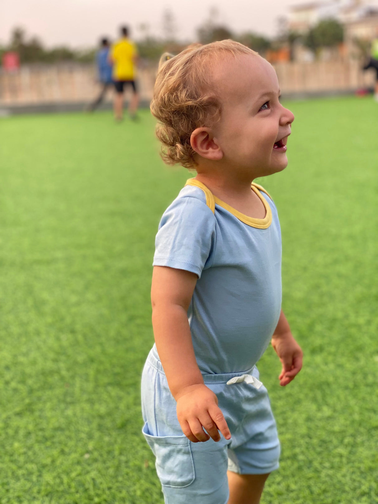 100% Peruvian Pima Cotton Chambray Blue with Yellow Short Sleeve Snap Bodysuit - HoneyBug