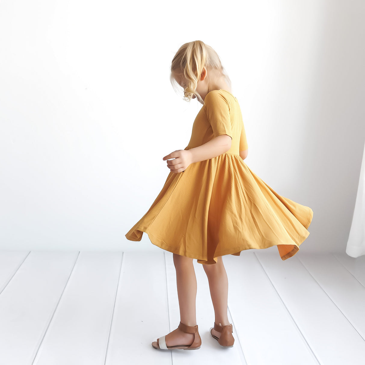 MID SLEEVE TWIRL DRESS- Honey Mustard Ribbed - HoneyBug