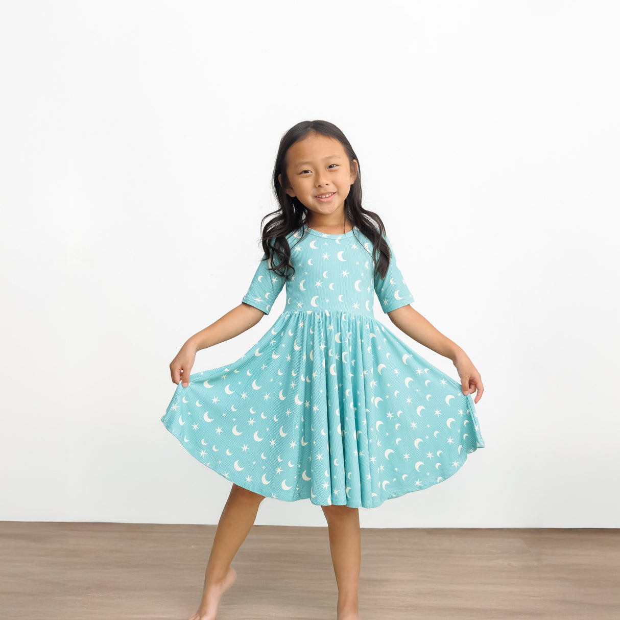 MID SLEEVE TWIRL- Moon + Stars Ribbed - HoneyBug