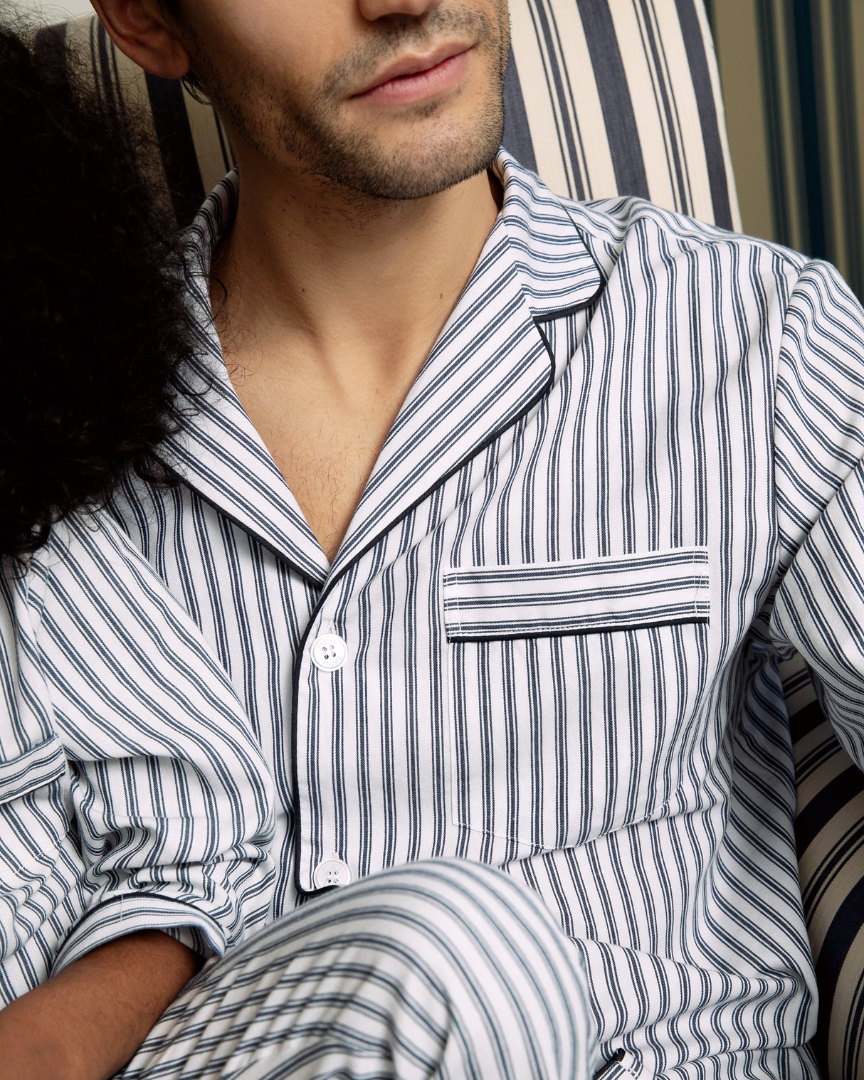 Men's Twill Pajama Set in Navy French Ticking - HoneyBug