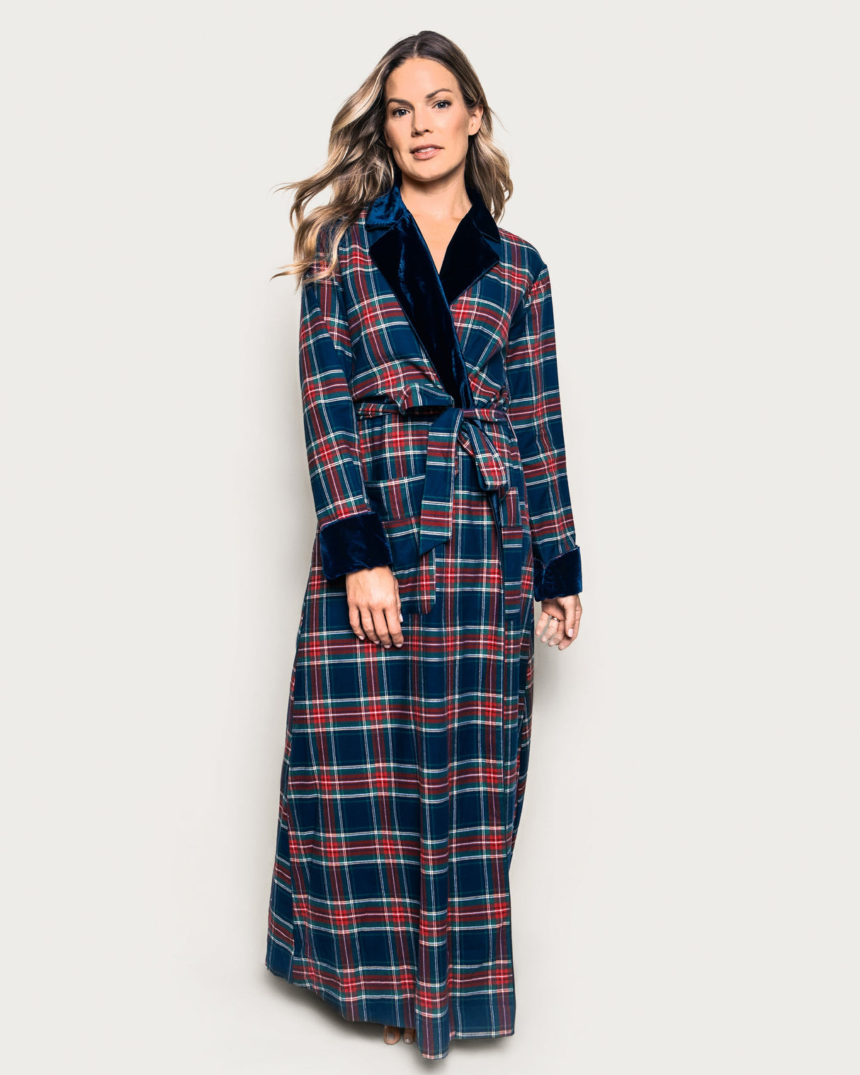Women's Long Robe with Velvet Trim in Windsor Tartan - HoneyBug