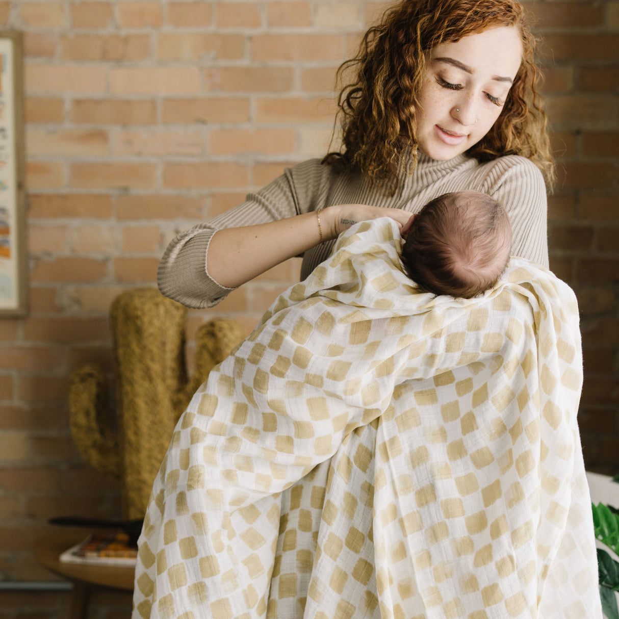 Cotton Muslin Swaddle Blanket - Adobe Checker - HoneyBug