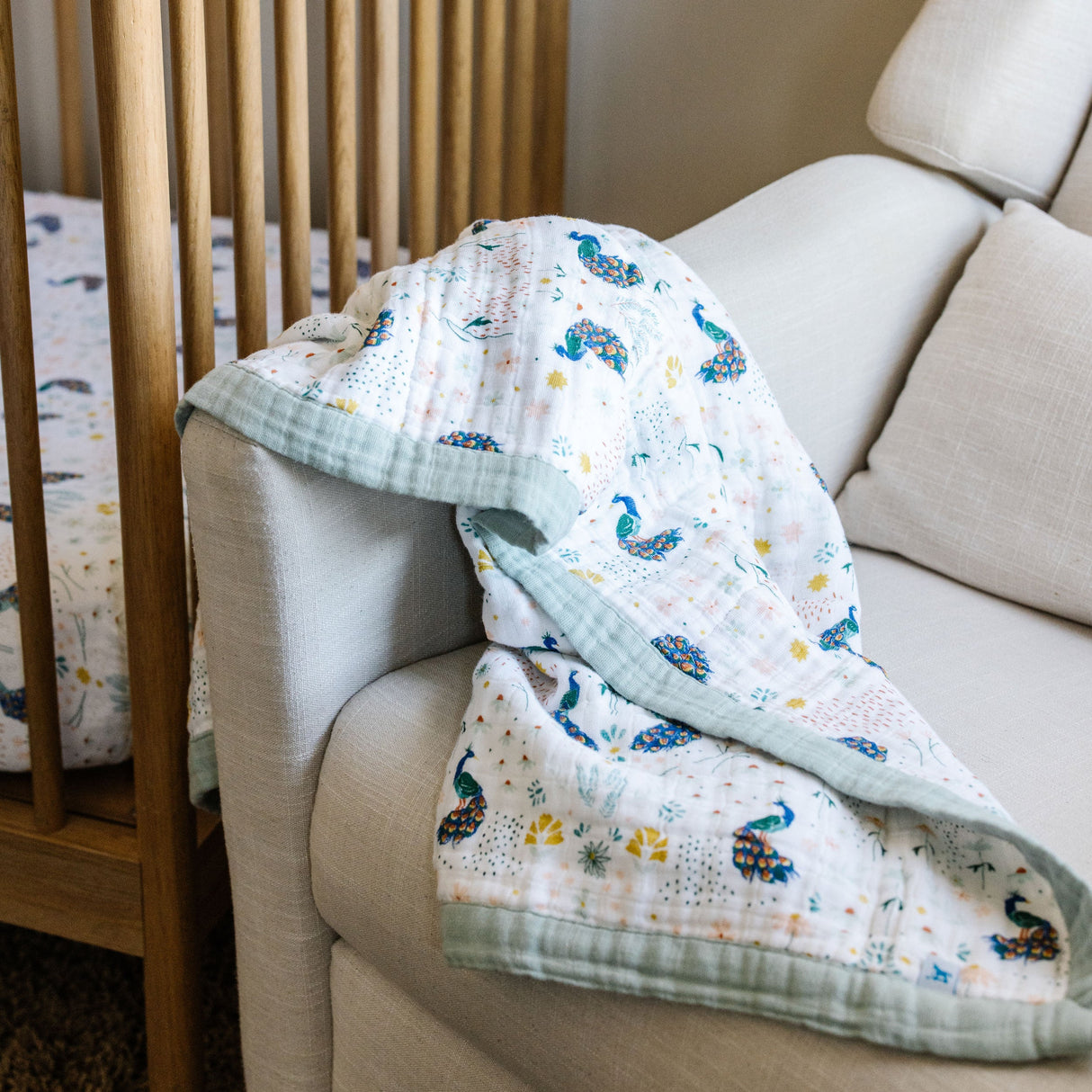 Cotton Muslin Baby Quilt - Peacock - HoneyBug