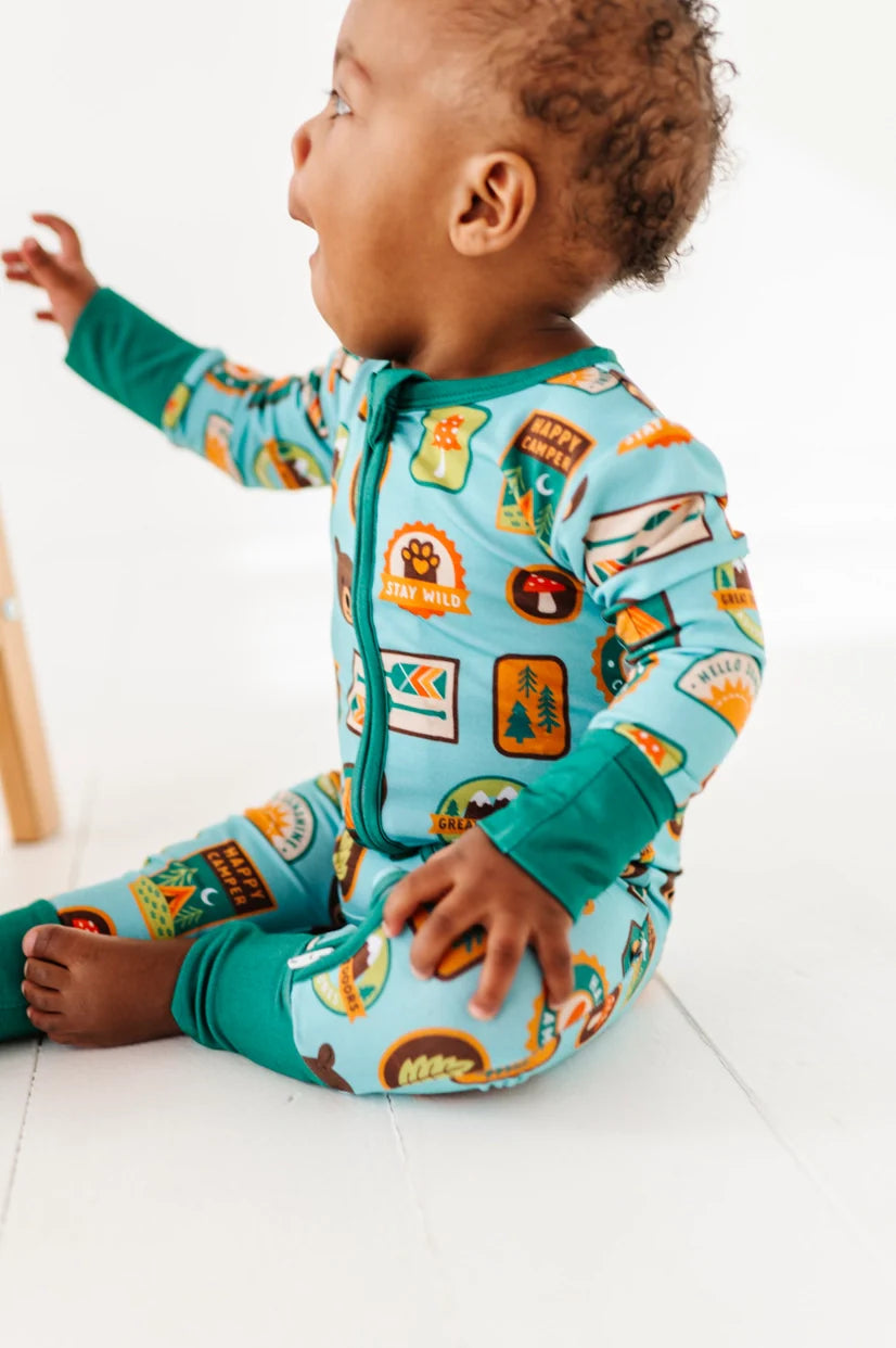 Bamboo One Piece Zip Pajama - Let's Explore Nature Badges - HoneyBug