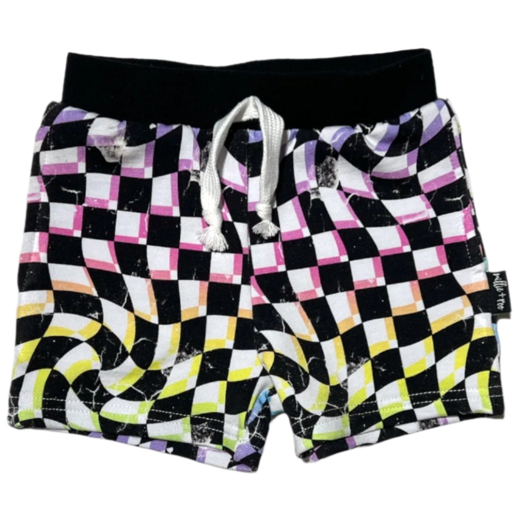 BAMBOO JOGGER SHORTS- Neon Dizzy Check - HoneyBug