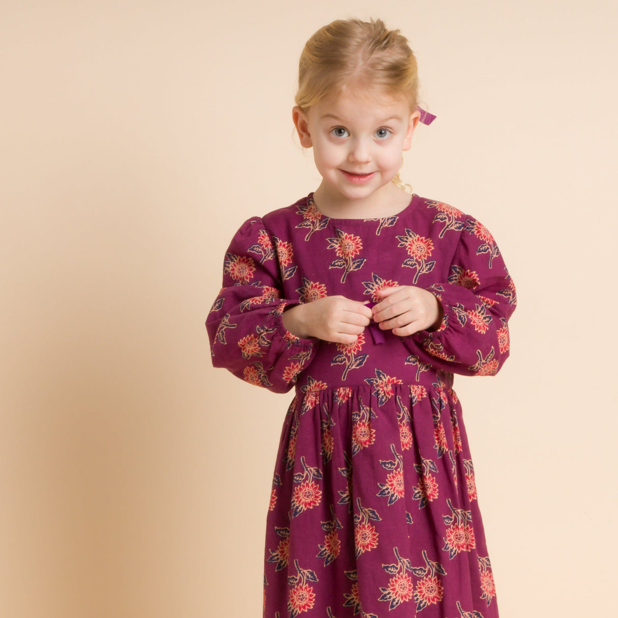 Girls' Long Sleeve Dress with Floral Motif | Purple & Red - HoneyBug