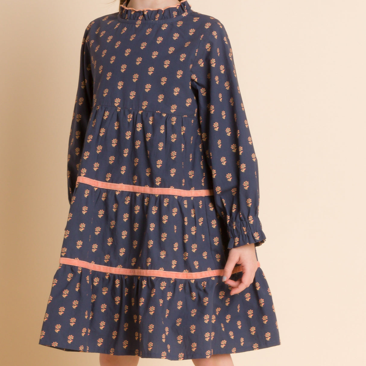 Girls' Long Sleeves Tiered Skirt Dress with Velvet Trim | Orange Floral - HoneyBug