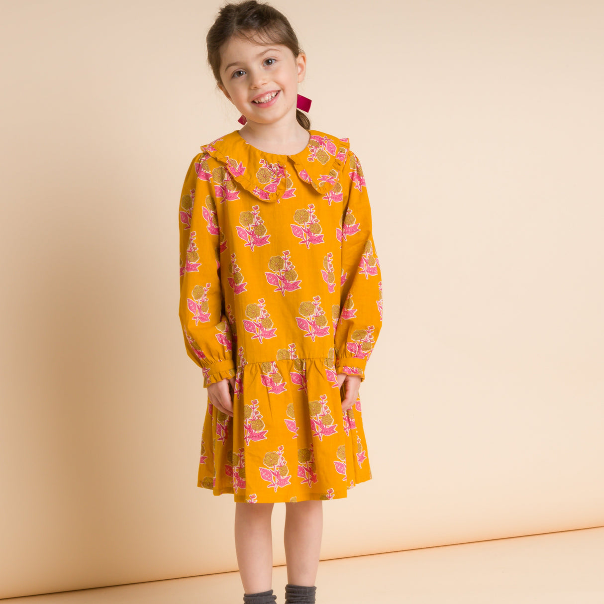 Girls' Wide Collar Long Sleeve Dress with Low Waist | Mustard and Pink - HoneyBug