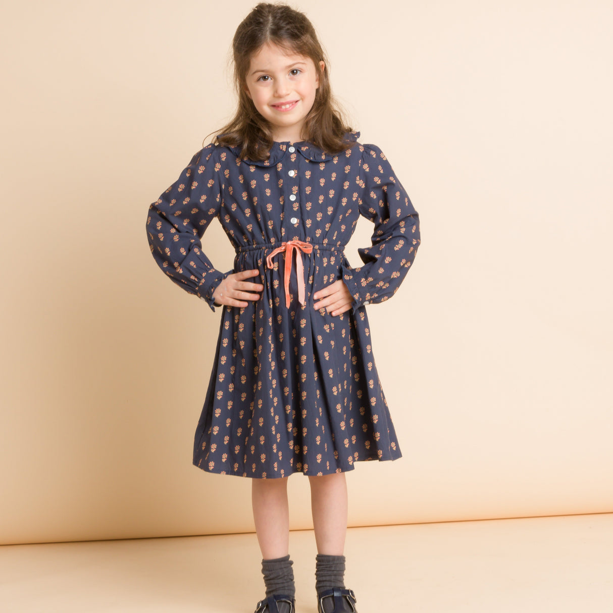 Girls' Long Sleeves Dress with Velvet Tie | Adelaide Orange Floral - HoneyBug