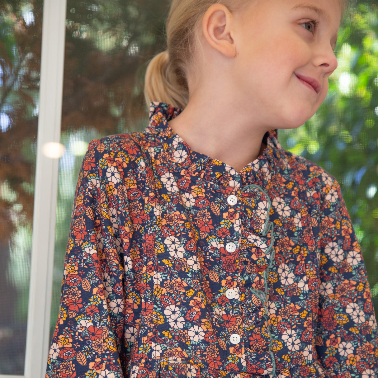 Girls Long Sleeves Dress with Front Ruffle | Garden Confetti - HoneyBug