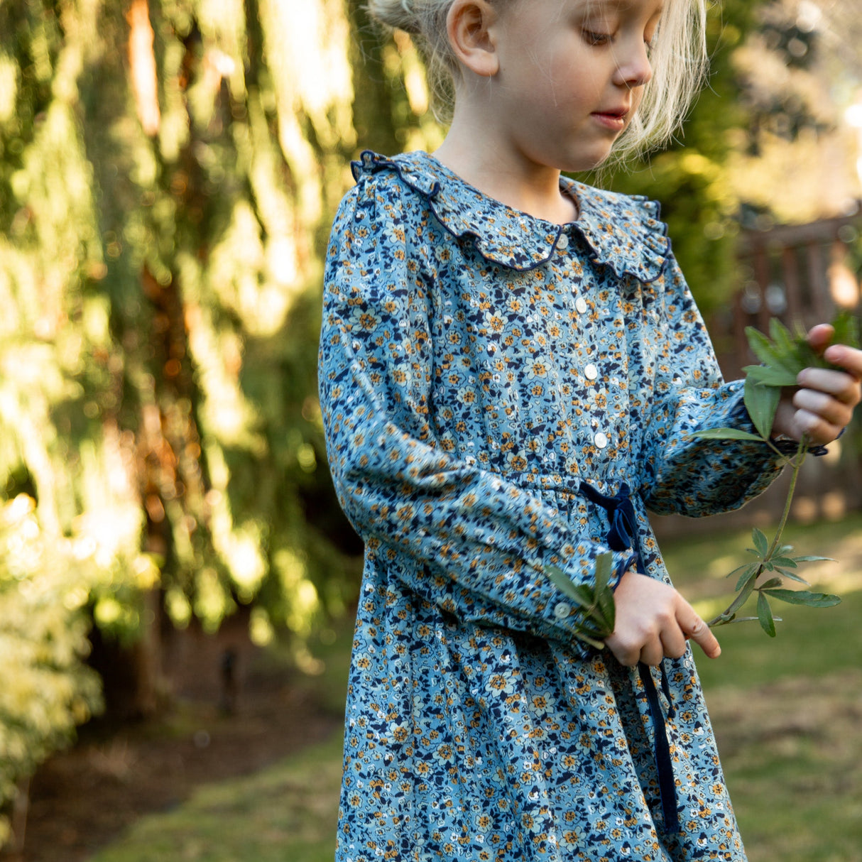 Girls Adelaide Velvet Tie Dress | Blue and Mustard Wildflowers - HoneyBug