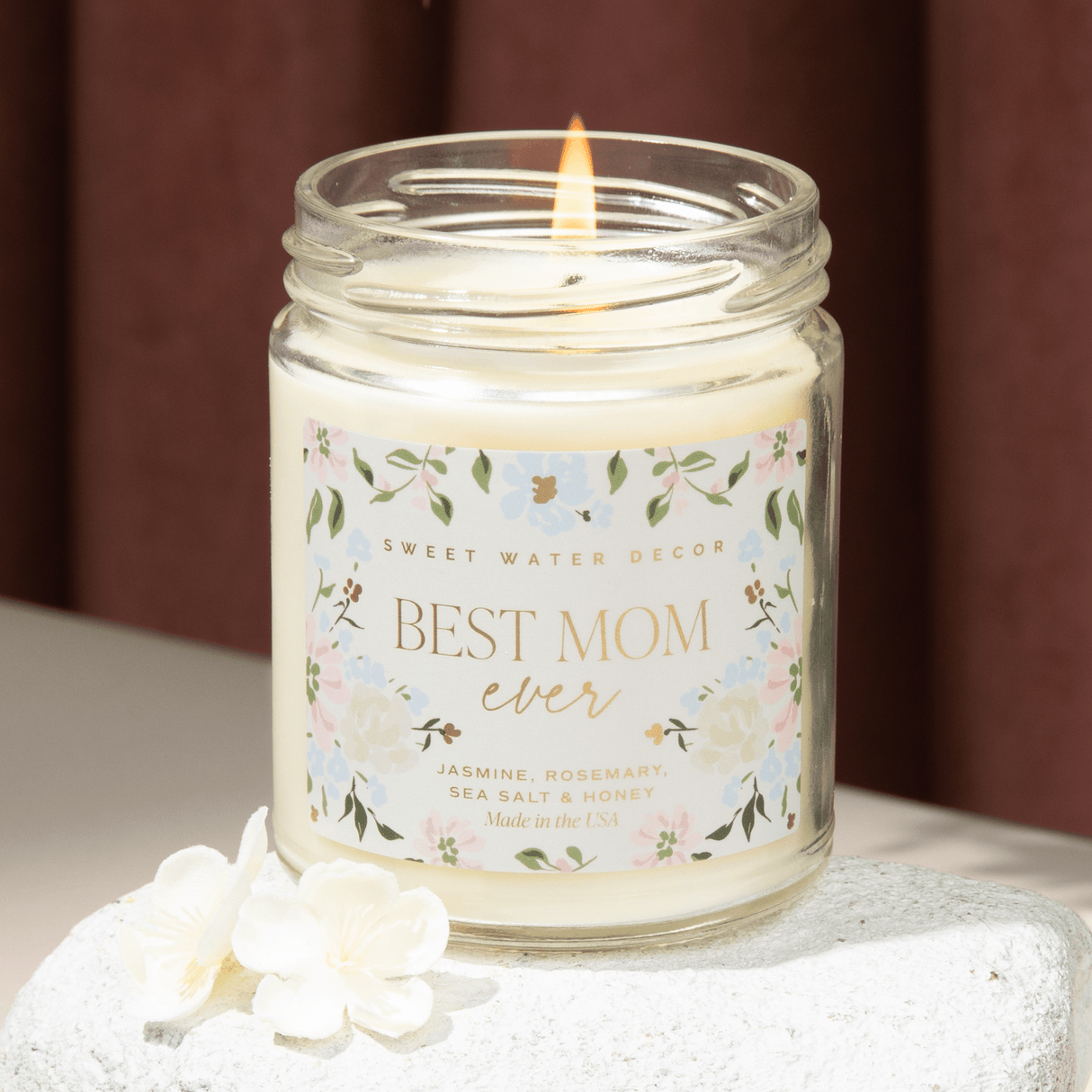 Best Mom Ever Soy Patterned Candle - Clear Jar - 9 oz (Wildflowers and Salt) - HoneyBug
