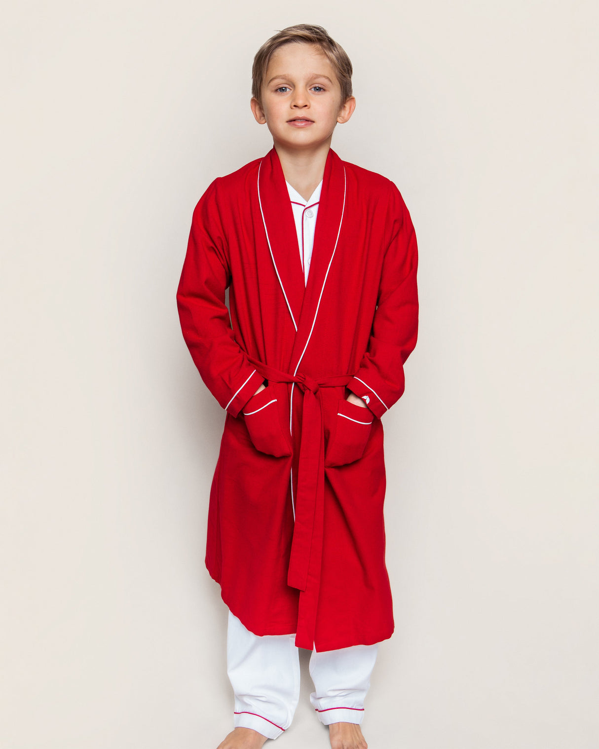 Kid's Flannel Robe in Red with White Piping - HoneyBug