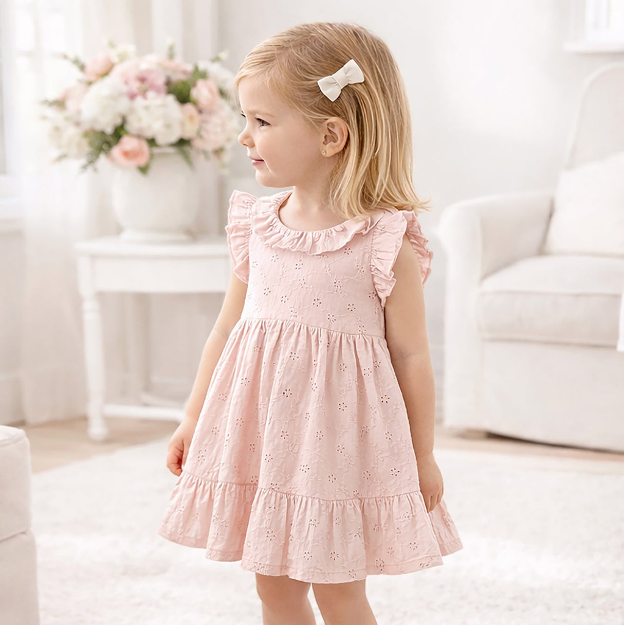 Eyelet Girl's Pink Cotton Dress for Special Occasions