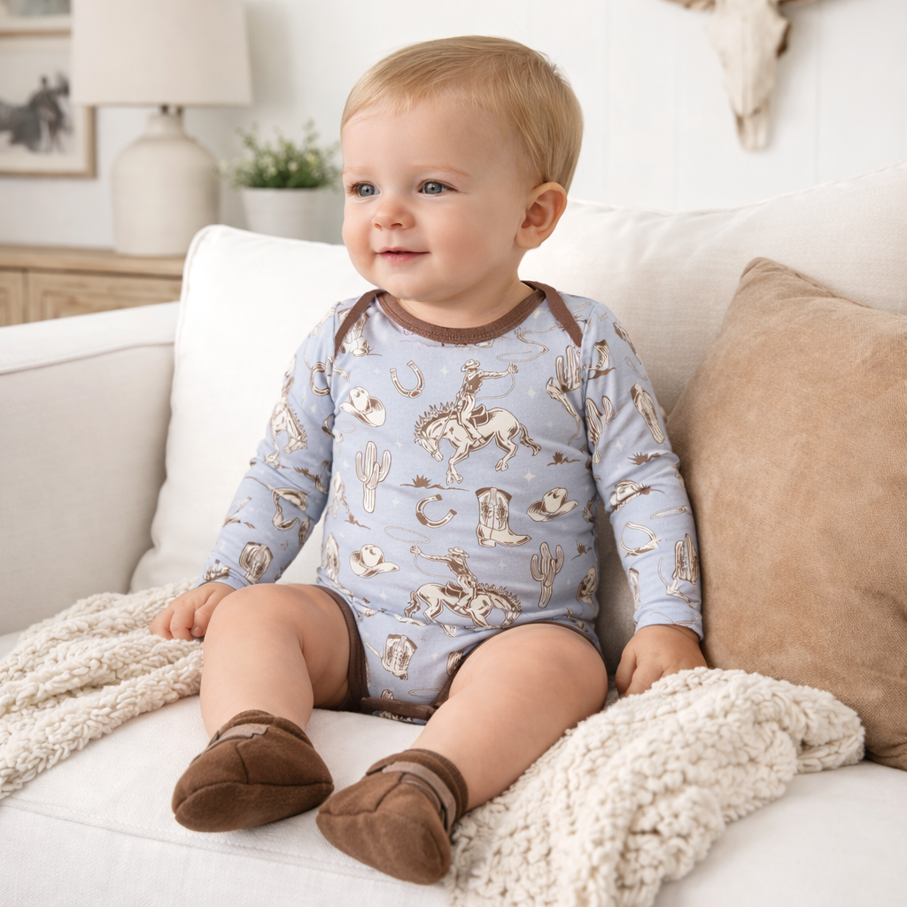 Wild Wrangler/Blue Western Cowboy Bamboo Baby Boy Bodysuit