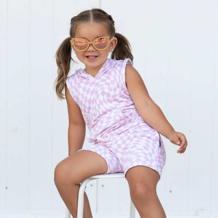 BAMBOO HOODIE TANK- Pink Dizzy Check - HoneyBug