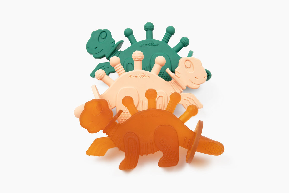 Dibly - Green - Baltic Amber & Natural Rubber Dinosaur Teether with Toothbrush Tail- - HoneyBug