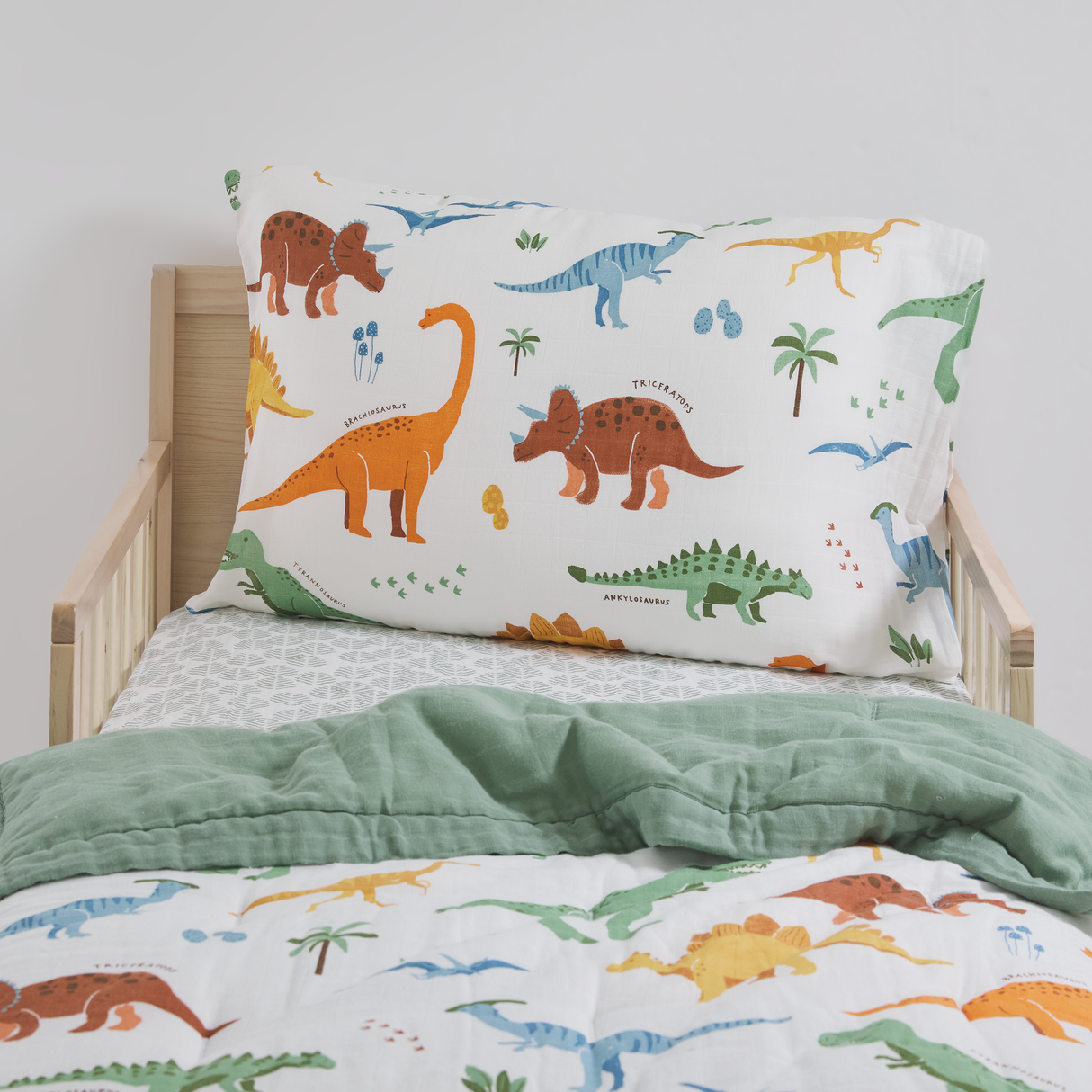 Cotton Muslin Toddler Bedding 3 Piece Set - Dino Names - HoneyBug