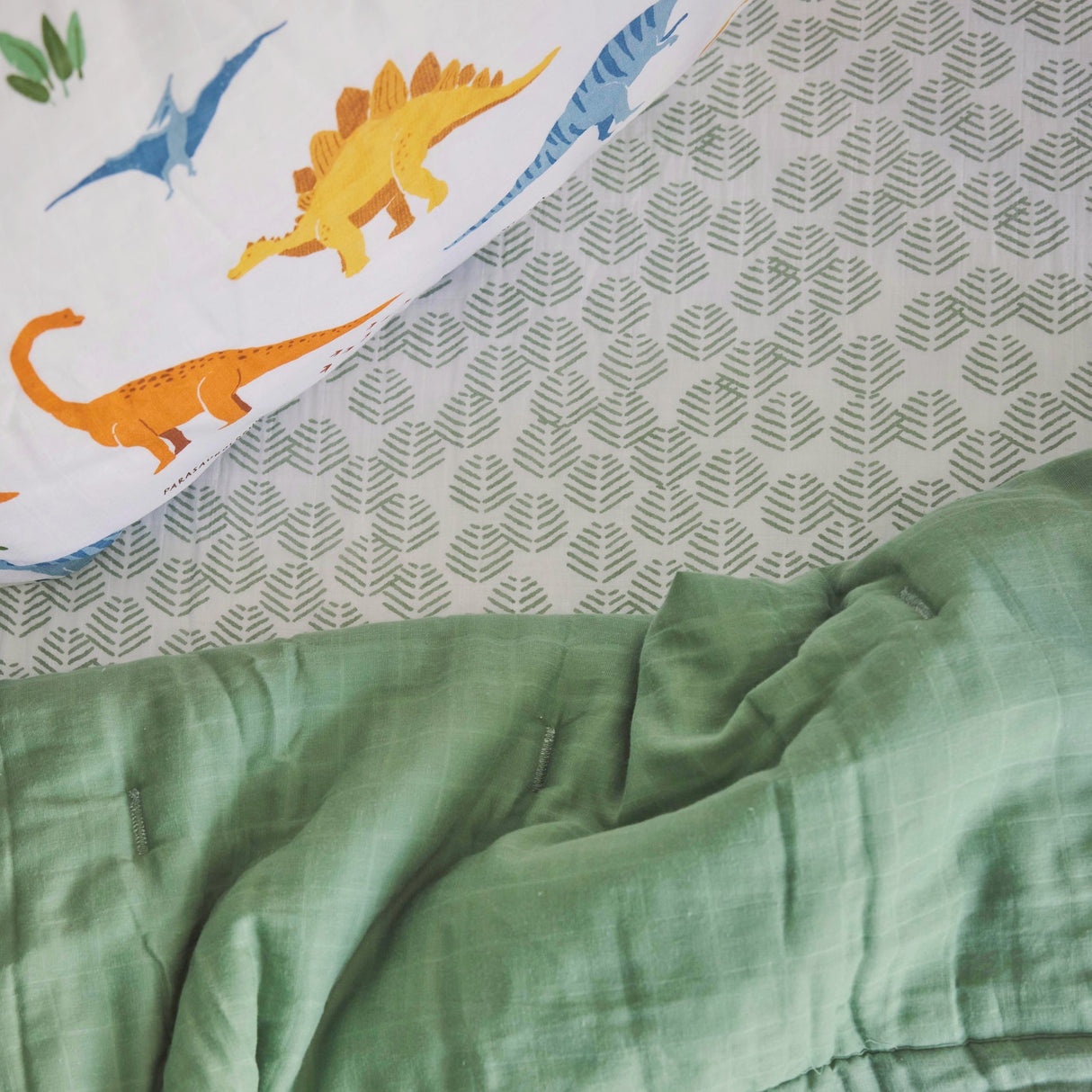 Cotton Muslin Toddler Bedding 3 Piece Set - Dino Names - HoneyBug