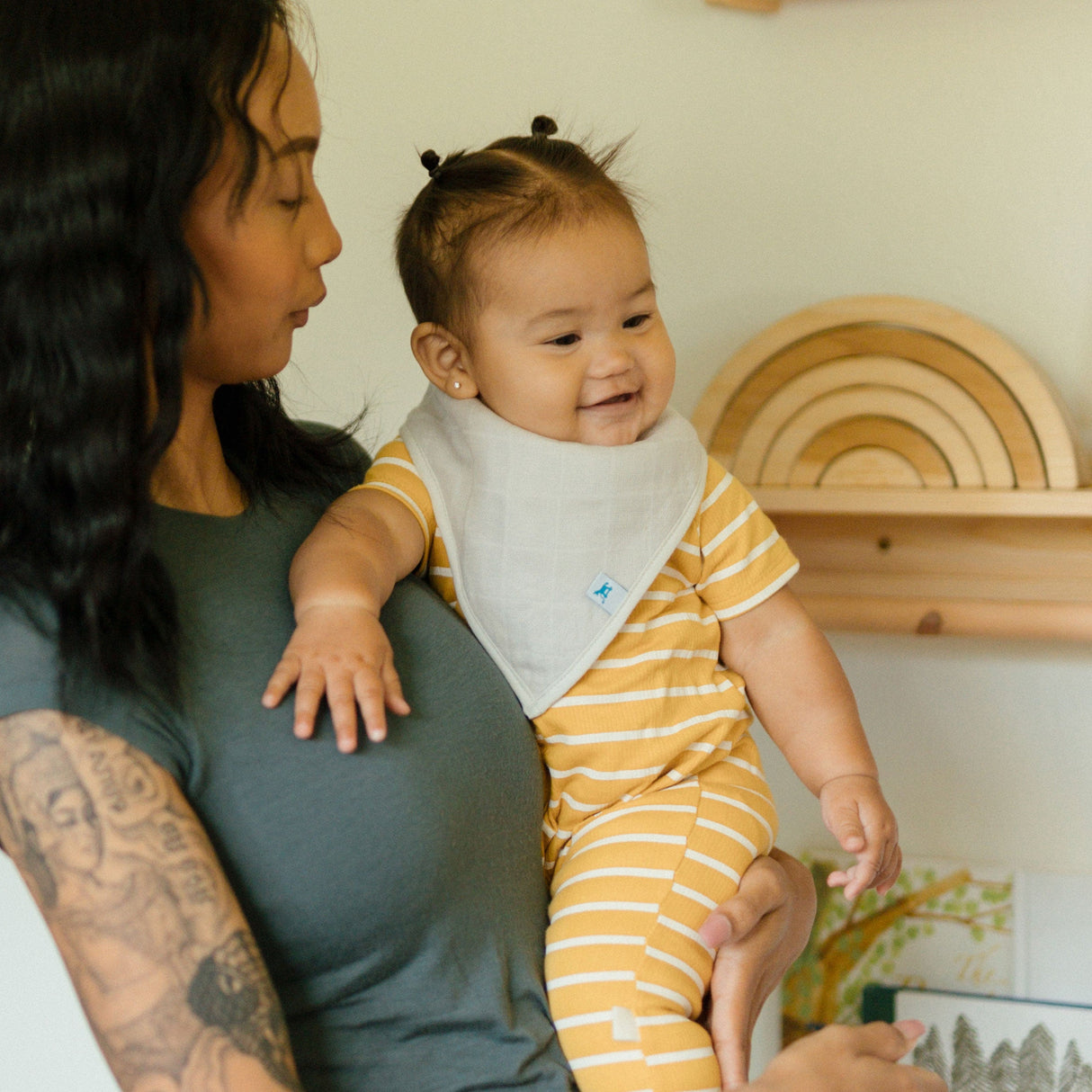 Cotton Muslin + Fleece Bandana Bib 4 Pack - Mauve Stripe - HoneyBug