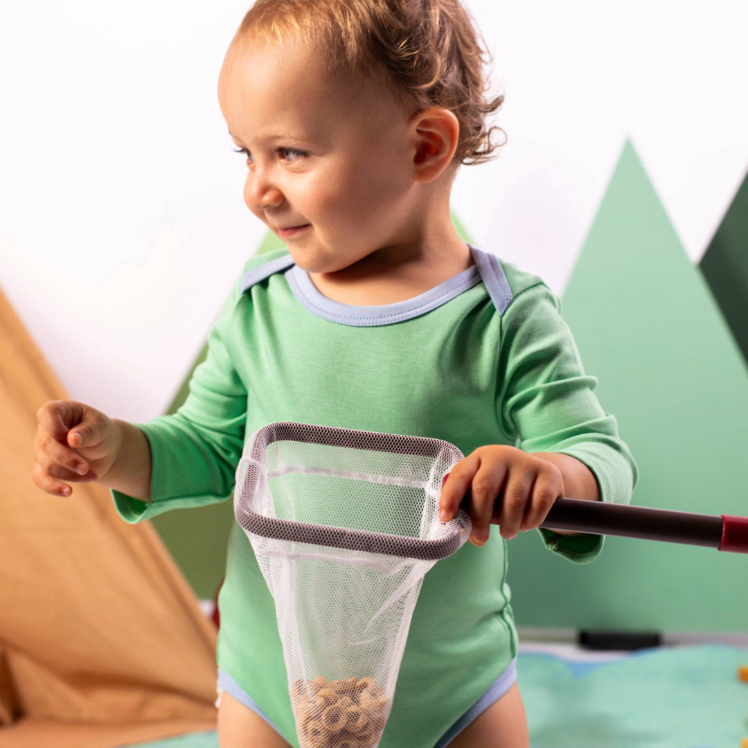 100% Peruvian Pima Cotton Grass Green with Blue Long Sleeve Snap Bodysuit - HoneyBug