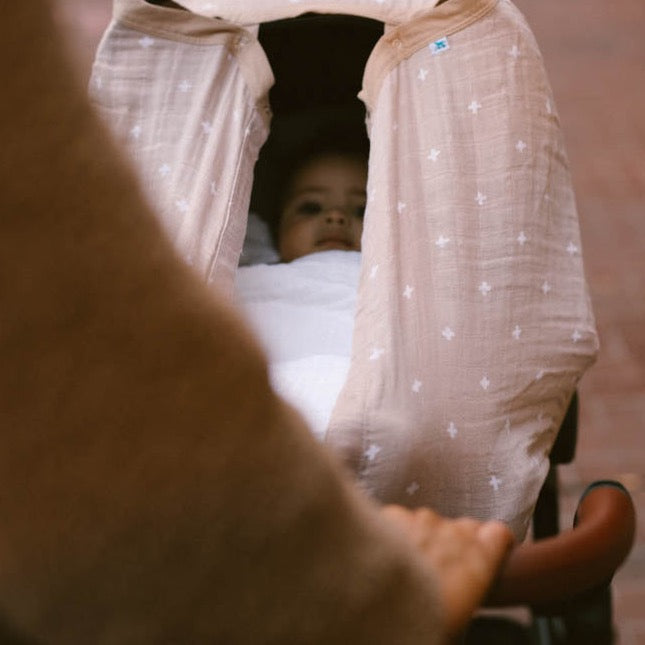 Cotton Muslin Car Seat Canopy - Taupe Cross - HoneyBug