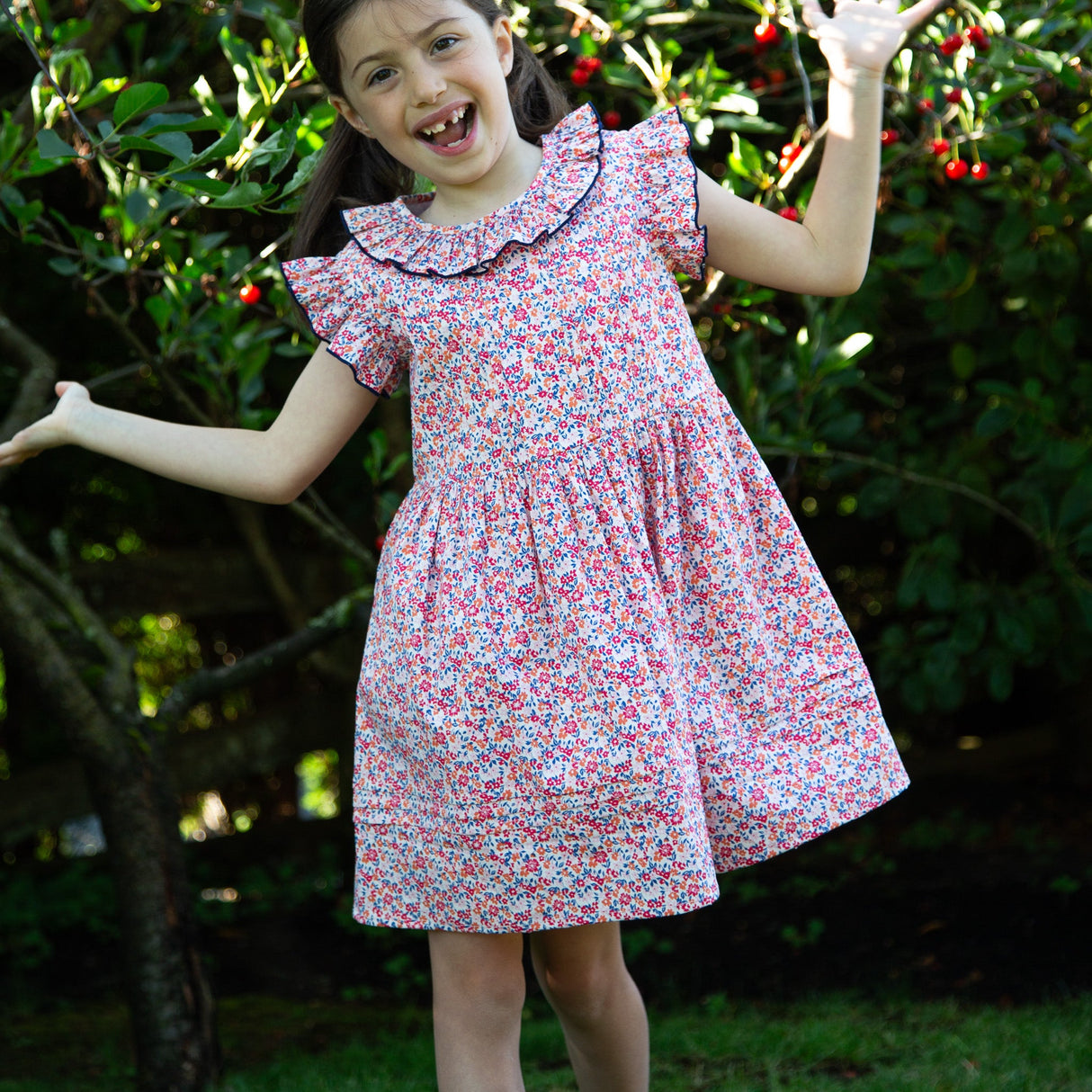 Girls Ana Dress with Ruffles | Red and Blue Floral - HoneyBug