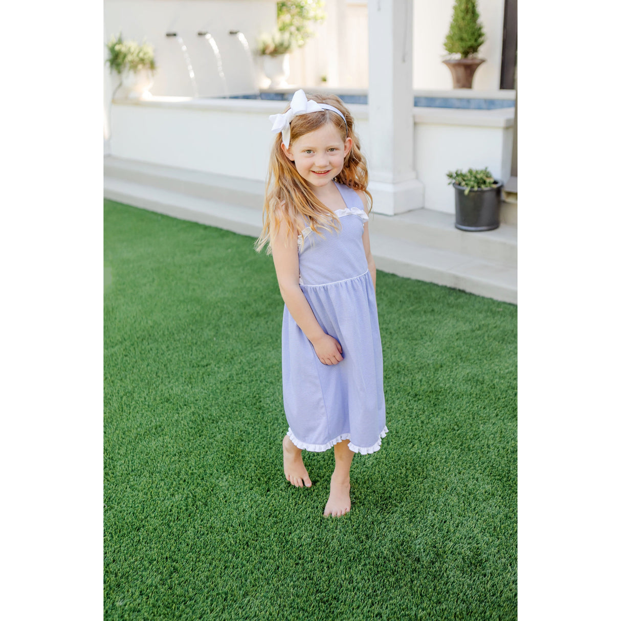 Eden Girls' Pima Cotton Dress - Blue and White Stripes - HoneyBug