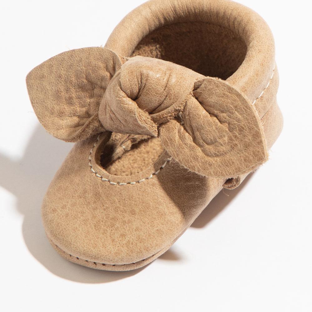 Newborn Weathered Brown Knotted Bow Baby Shoe - HoneyBug