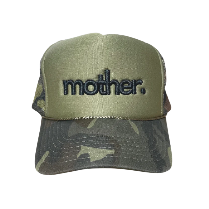 "mother." Embroidered Trucker Hat - Olive + Camo - HoneyBug