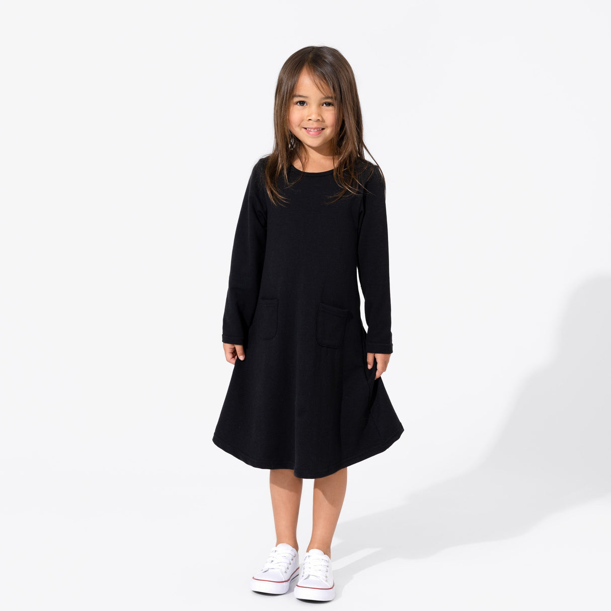 Obsidian Black Bamboo Terry Daywear Girls' Long Sleeve Dress - HoneyBug