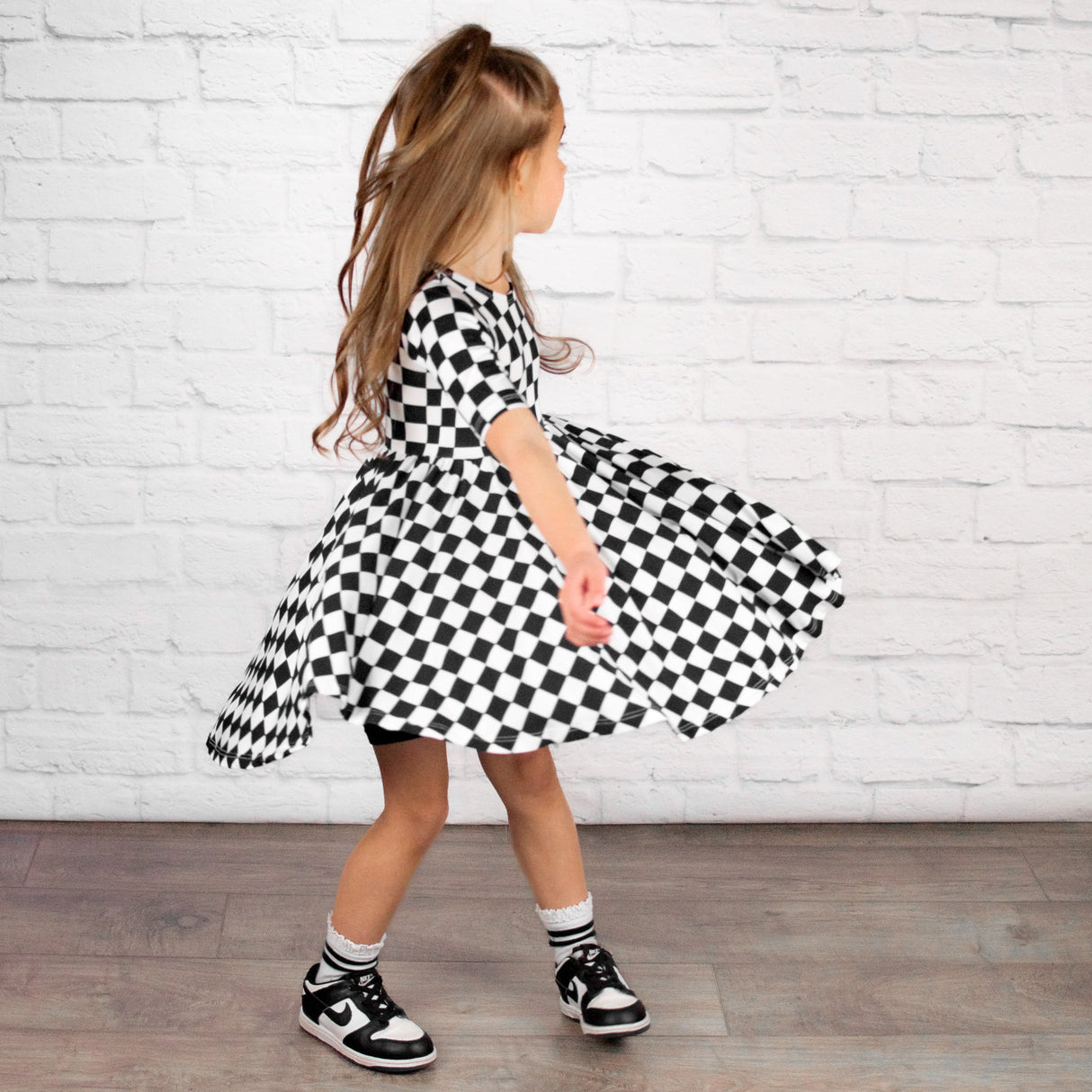 MID SLEEVE TWIRL DRESS- B+W Check - HoneyBug