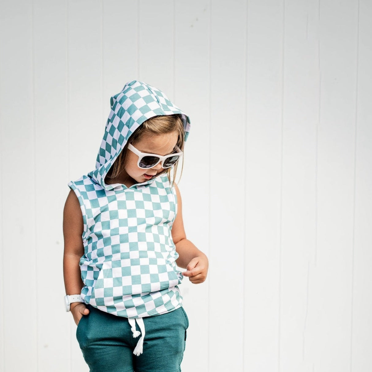 BAMBOO HOODIE TANK- Sage Check - HoneyBug