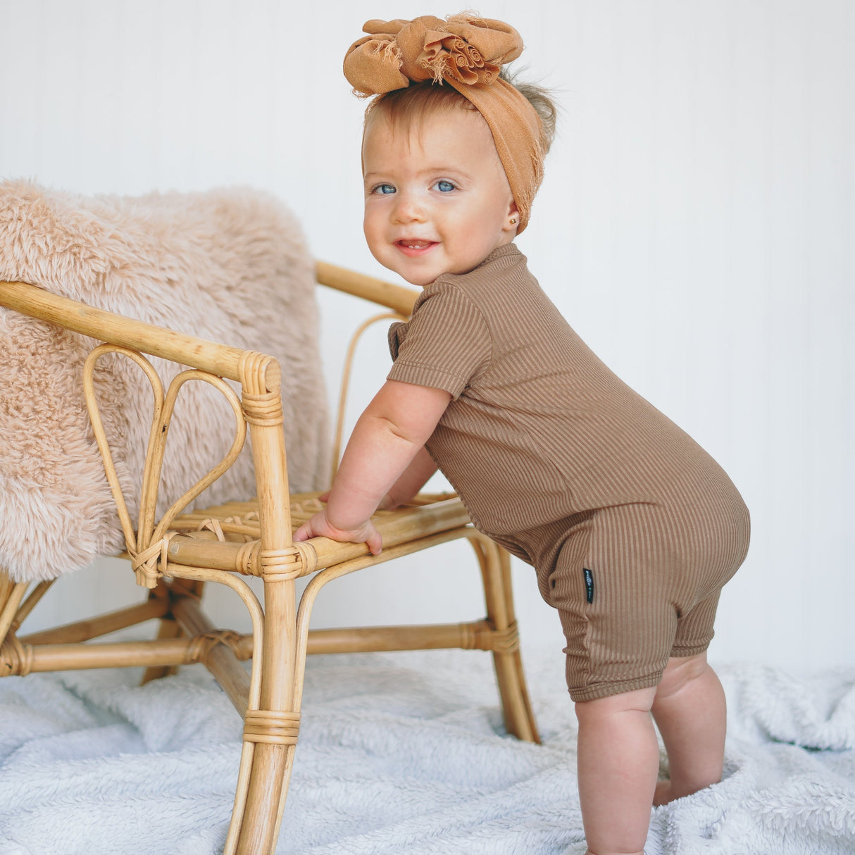 SHORTIE ZIP ROMPER - Mocha Ribbed - HoneyBug