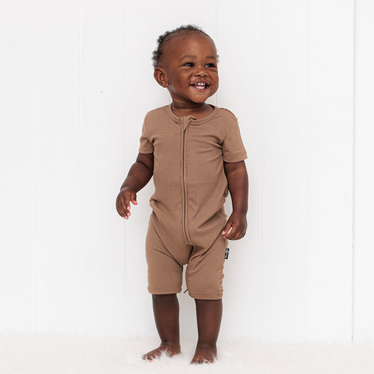 SHORTIE ZIP ROMPER - Mocha Ribbed - HoneyBug